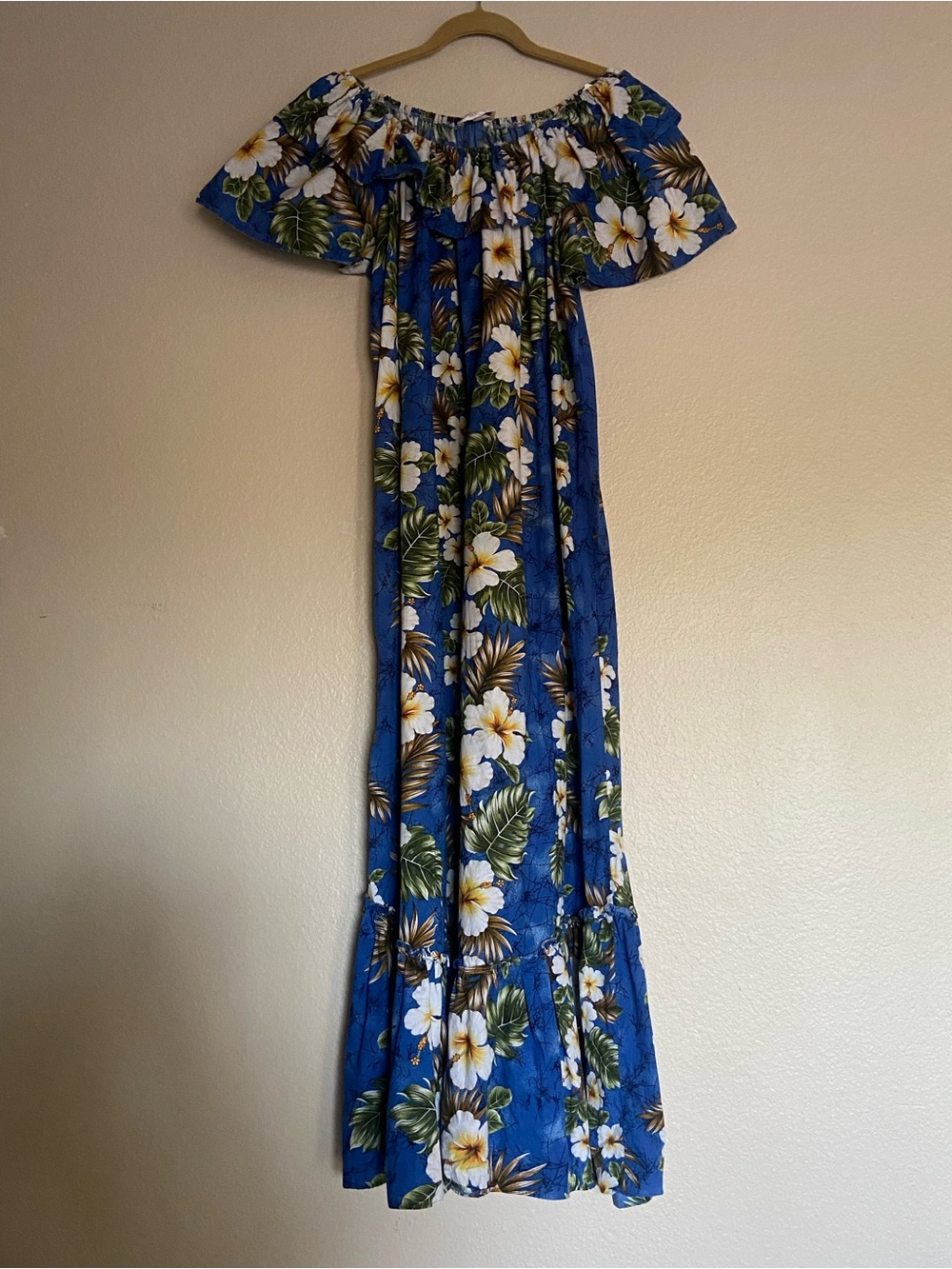 Vintage KY’s Ruffled Hawaiian Mumu Maxi Dress Hibiscus Floral, 100% Cotton